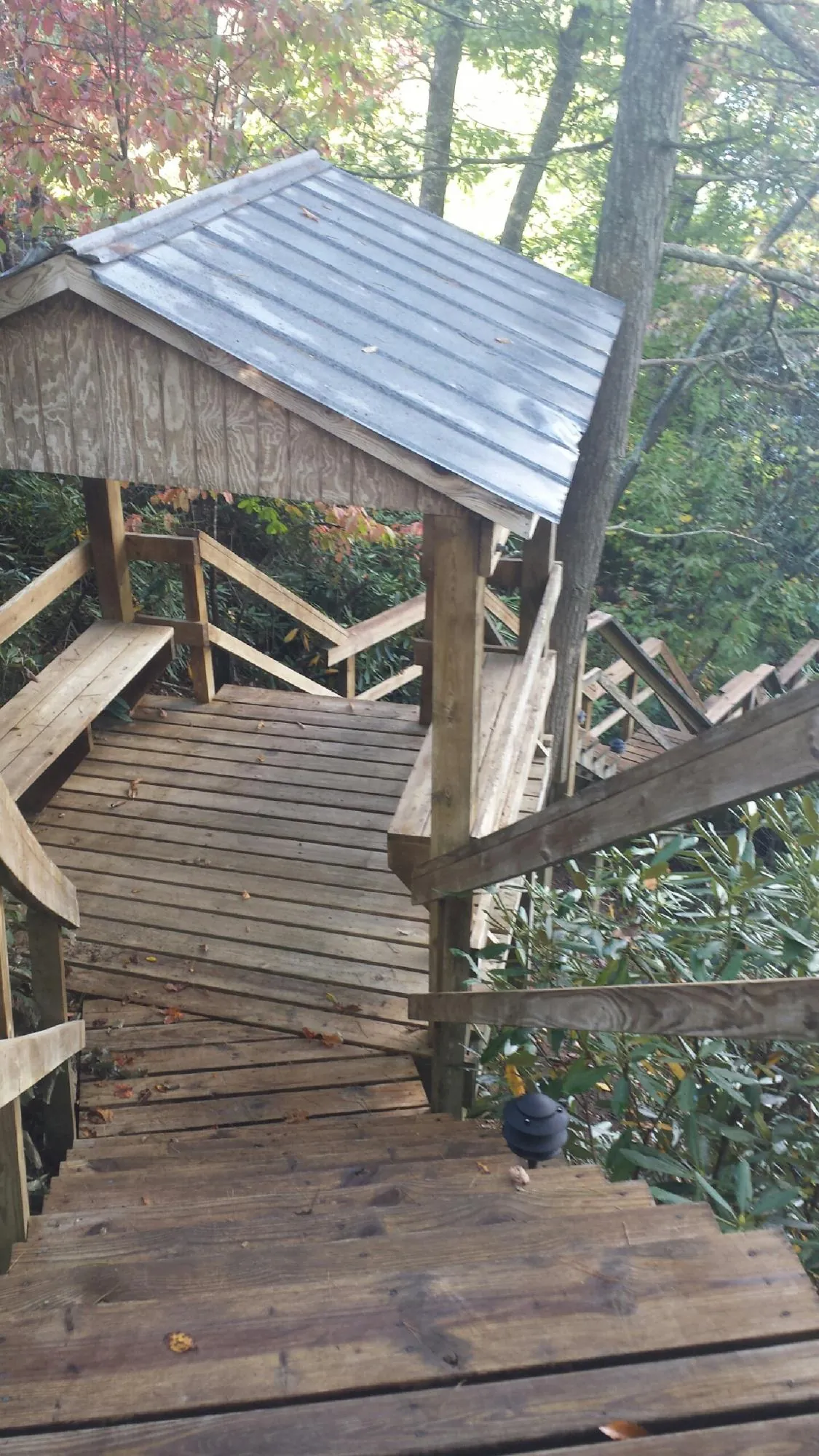 Metal roofed shelter over wooden steps on a wooded walkway — Skylight Repair & Installation work by our crew in Torrington